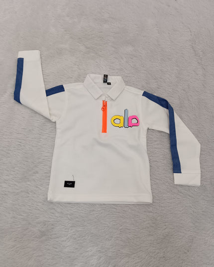 BOYS TSHIRT CODE-A243 Boys White Full Sleeve Polo T-Shirt with Blue Stripes & Orange Zip