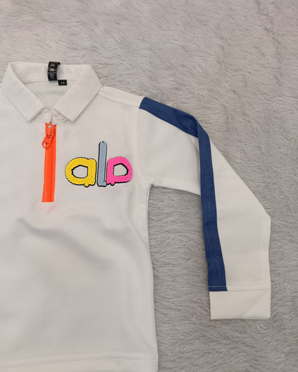 BOYS TSHIRT CODE-A243 Boys White Full Sleeve Polo T-Shirt with Blue Stripes & Orange Zip