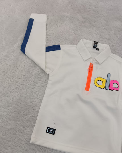 BOYS TSHIRT CODE-A243 Boys White Full Sleeve Polo T-Shirt with Blue Stripes & Orange Zip