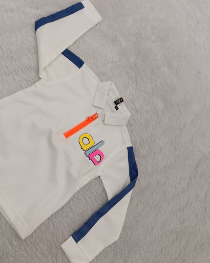 BOYS TSHIRT CODE-A243 Boys White Full Sleeve Polo T-Shirt with Blue Stripes & Orange Zip