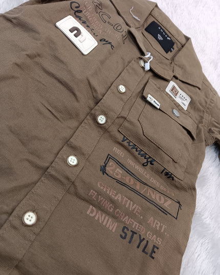BOYS SHIRT CODE-A277 Boys Brown Casual Full Sleeve Shirt with Front Pockets & Printed Details