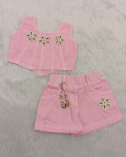 GIRLS CODINATE CODE-A272 Girls Pink Floral Cord Set | Sleeveless Top & Shorts Set