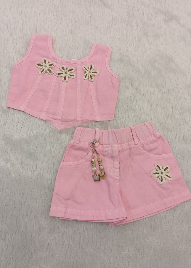 GIRLS CODINATE CODE-A272 Girls Pink Floral Cord Set | Sleeveless Top & Shorts Set