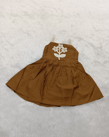 GIRLS  MIDI CODE-A271 Girls Brown Floral Embroidered Flared Dress