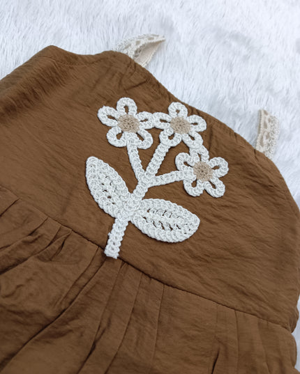 GIRLS  MIDI CODE-A271 Girls Brown Floral Embroidered Flared Dress