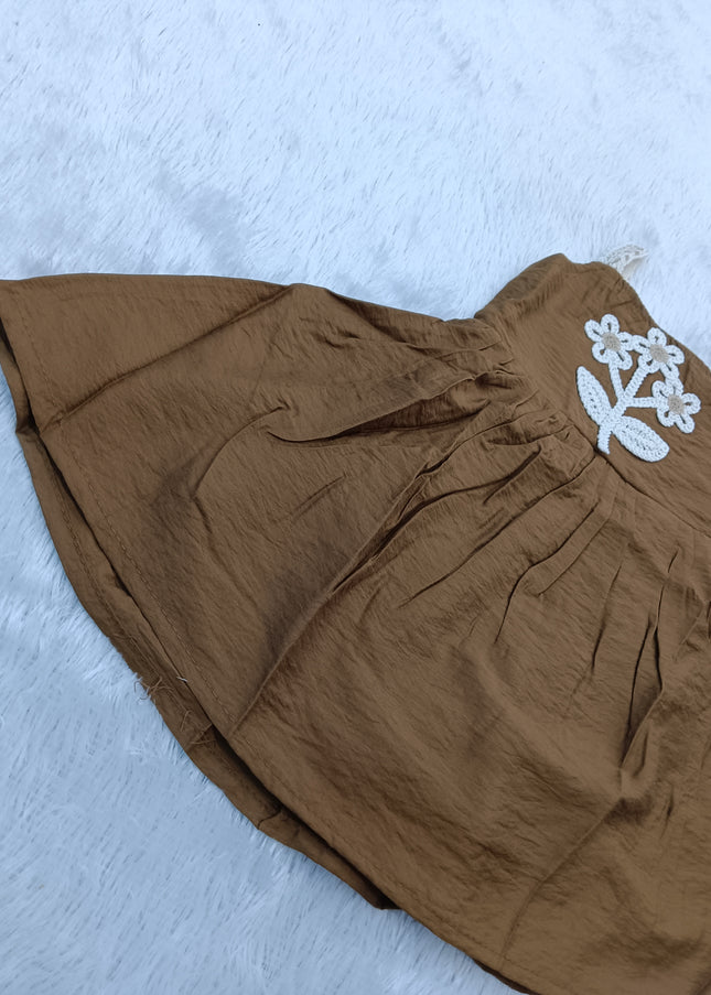 GIRLS  MIDI CODE-A271 Girls Brown Floral Embroidered Flared Dress