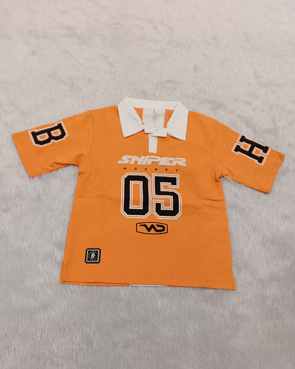 BOYS TSHIRT CODE-A279 Boys Orange Polo T-Shirt with Printed Graphic | He And She Kidswear
