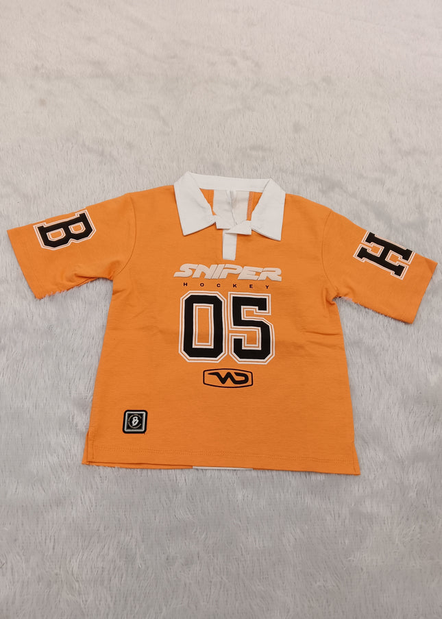BOYS TSHIRT CODE-A279 Boys Orange Polo T-Shirt with Printed Graphic | He And She Kidswear