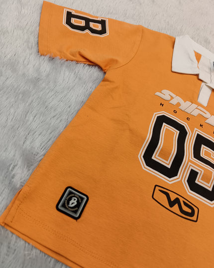 BOYS TSHIRT CODE-A279 Boys Orange Polo T-Shirt with Printed Graphic | He And She Kidswear