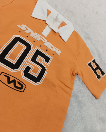 BOYS TSHIRT CODE-A279 Boys Orange Polo T-Shirt with Printed Graphic | He And She Kidswear