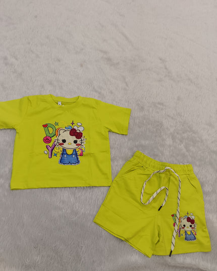 GIRLS CODINATE CODE-A273 Girls Lime Green Printed T-Shirt & Shorts Co-Ord Set