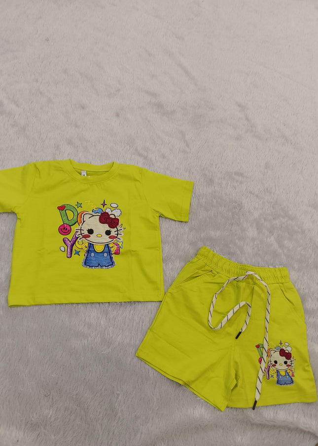 GIRLS CODINATE CODE-A273 Girls Lime Green Printed T-Shirt & Shorts Co-Ord Set