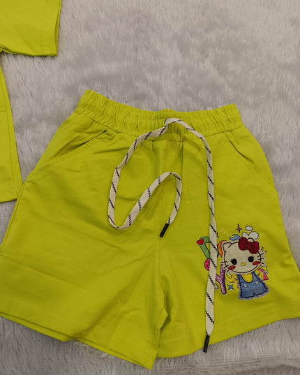 GIRLS CODINATE CODE-A273 Girls Lime Green Printed T-Shirt & Shorts Co-Ord Set