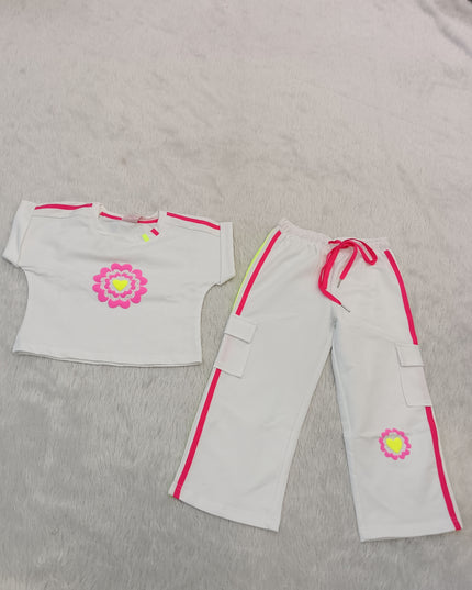 GIRLS PLAZO SET CODE-A274 Girls White & Pink Printed Crop Top with Wide Leg Cargo Pants Set