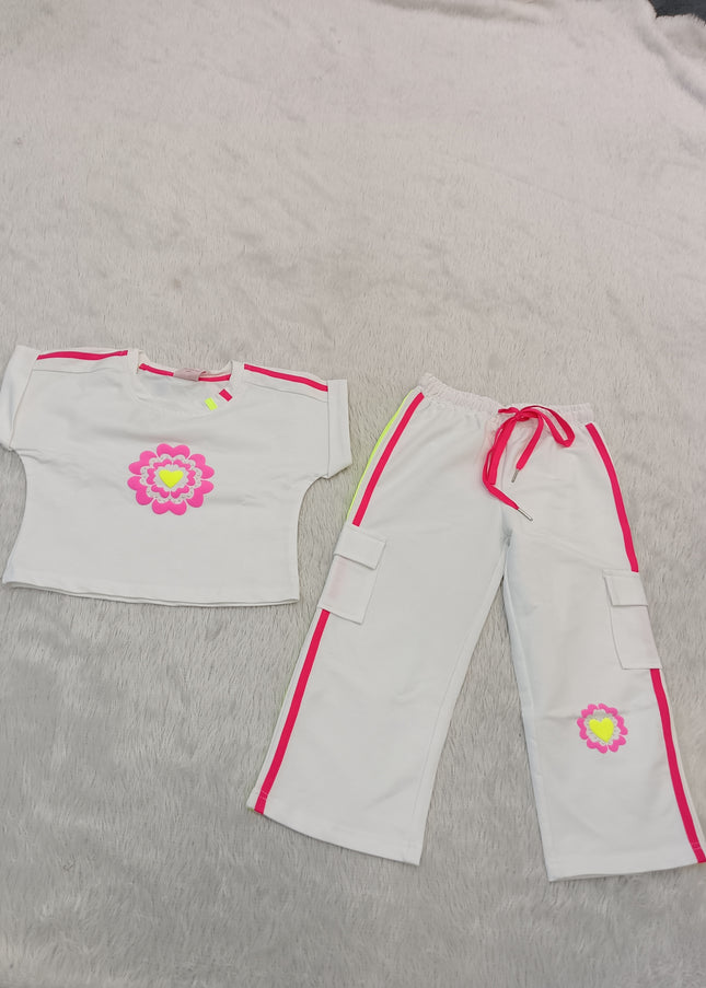 GIRLS PLAZO SET CODE-A274 Girls White & Pink Printed Crop Top with Wide Leg Cargo Pants Set
