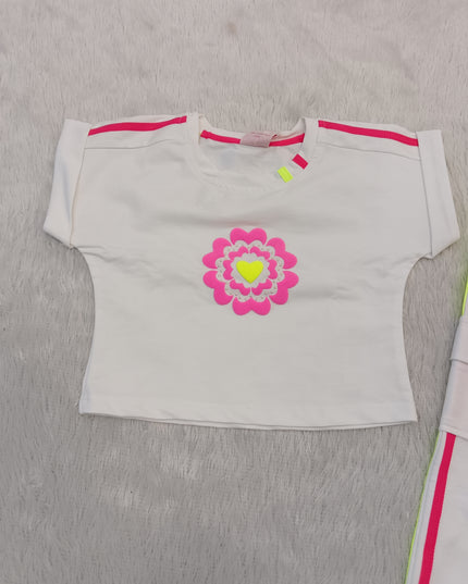 GIRLS PLAZO SET CODE-A274 Girls White & Pink Printed Crop Top with Wide Leg Cargo Pants Set
