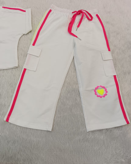 GIRLS PLAZO SET CODE-A274 Girls White & Pink Printed Crop Top with Wide Leg Cargo Pants Set