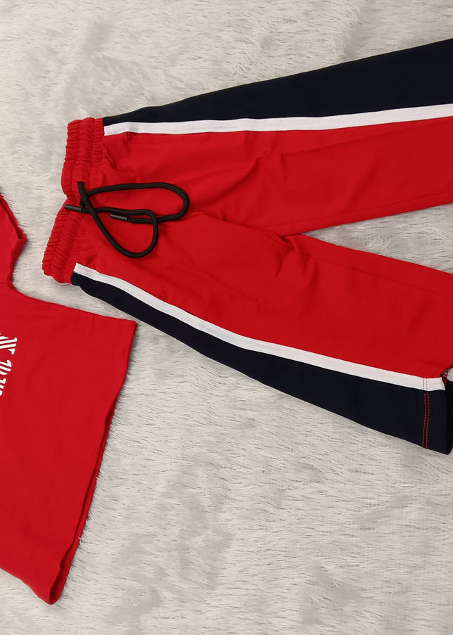 GIRLS CODINATE CODE-A281 Girls Red Printed T-Shirt & Wide Leg Pants Co-Ord Set