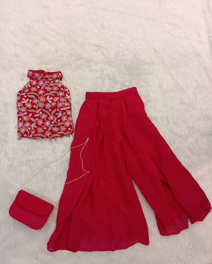 GIRLS PLAZO SET CODE-A276 Girls Pink Printed Halter Neck Top & Palazzo Set | Party Wear Co-Ord Set