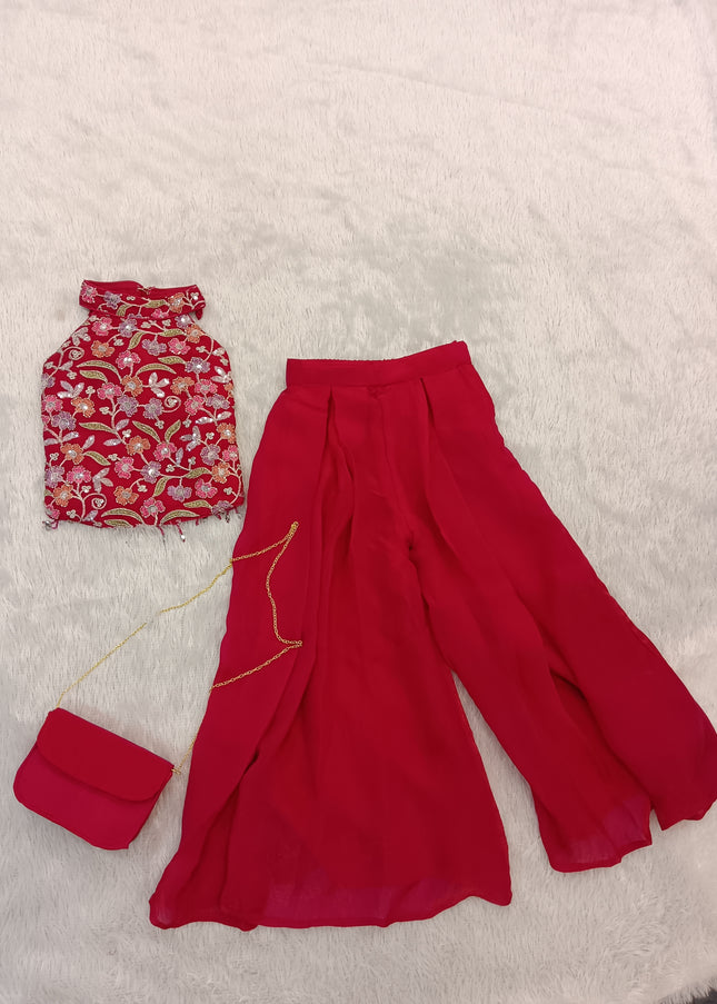 GIRLS PLAZO SET CODE-A276 Girls Pink Printed Halter Neck Top & Palazzo Set | Party Wear Co-Ord Set