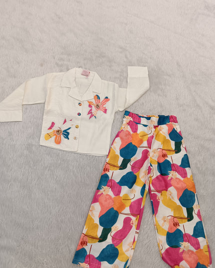 GIRLS PLAZO SET CODE-A275 Girls Floral Printed Co-Ord Set with Embroidered Jacket & Palazzo Pants