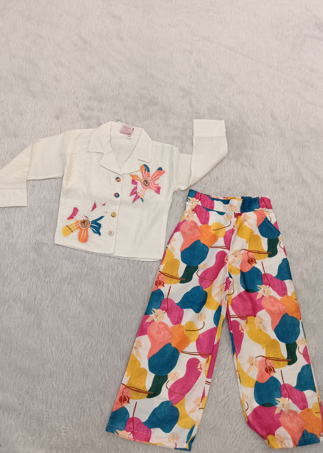 GIRLS PLAZO SET CODE-A275 Girls Floral Printed Co-Ord Set with Embroidered Jacket & Palazzo Pants