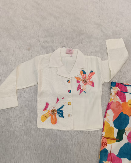 GIRLS PLAZO SET CODE-A275 Girls Floral Printed Co-Ord Set with Embroidered Jacket & Palazzo Pants