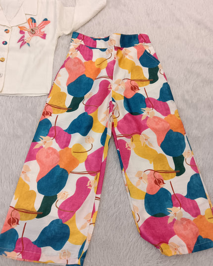 GIRLS PLAZO SET CODE-A275 Girls Floral Printed Co-Ord Set with Embroidered Jacket & Palazzo Pants