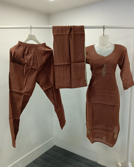 LADIES KURTI SET CODE-A293 Women’s Brown Embroidered Kurta Pant Dupatta Set | He and She