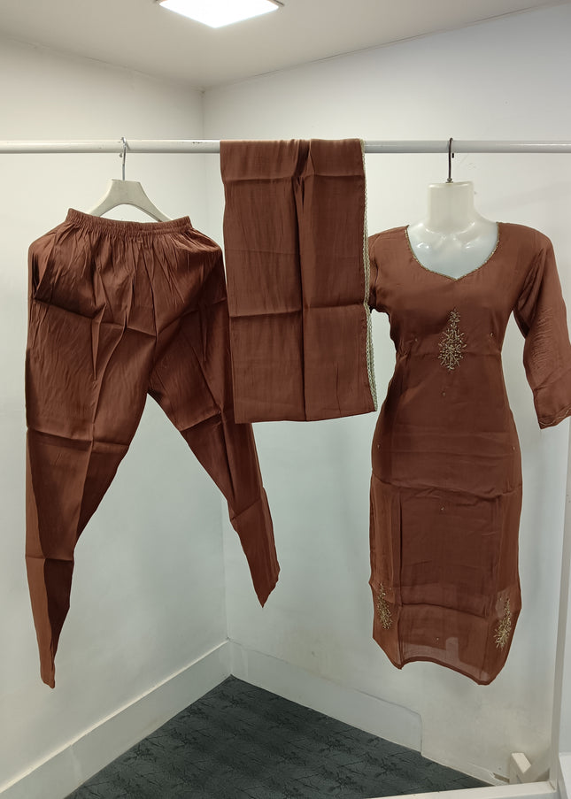 LADIES KURTI SET CODE-A293 Women’s Brown Embroidered Kurta Pant Dupatta Set | He and She