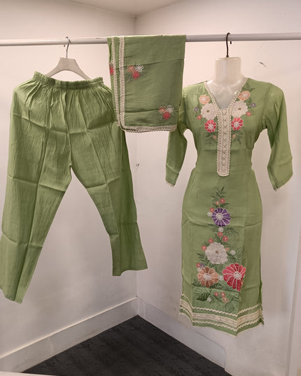 LADIES KURTI SET CODE-A290 Women’s Olive Green Embroidered Straight Kurta Pant & Dupatta Set | He And She