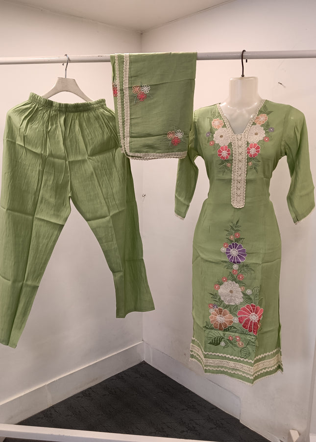 LADIES KURTI SET CODE-A290 Women’s Olive Green Embroidered Straight Kurta Pant & Dupatta Set | He And She