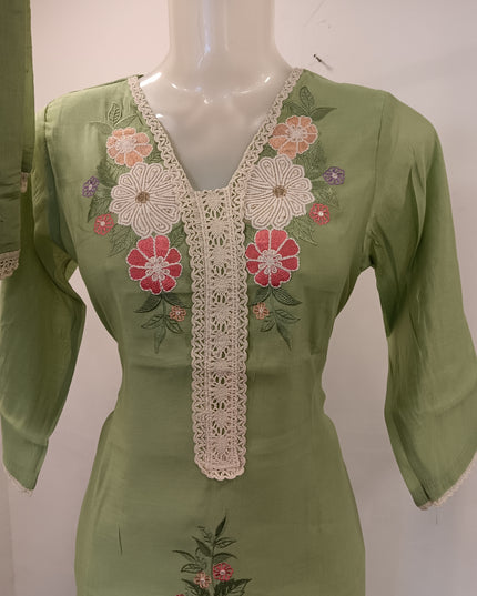LADIES KURTI SET CODE-A290 Women’s Olive Green Embroidered Straight Kurta Pant & Dupatta Set | He And She