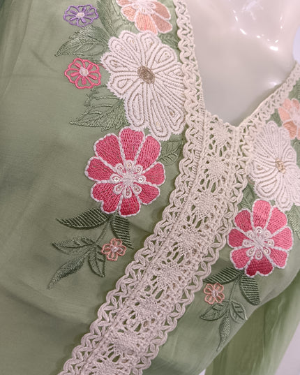 LADIES KURTI SET CODE-A290 Women’s Olive Green Embroidered Straight Kurta Pant & Dupatta Set | He And She