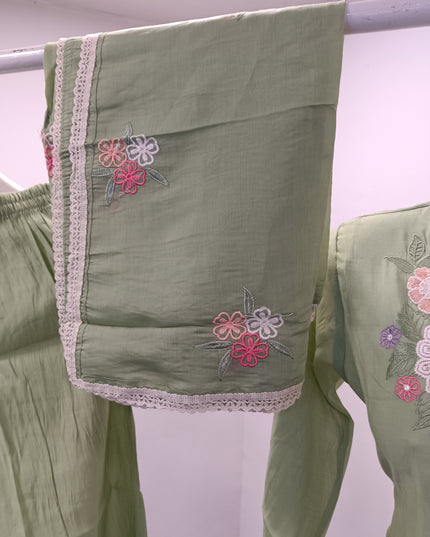 LADIES KURTI SET CODE-A290 Women’s Olive Green Embroidered Straight Kurta Pant & Dupatta Set | He And She