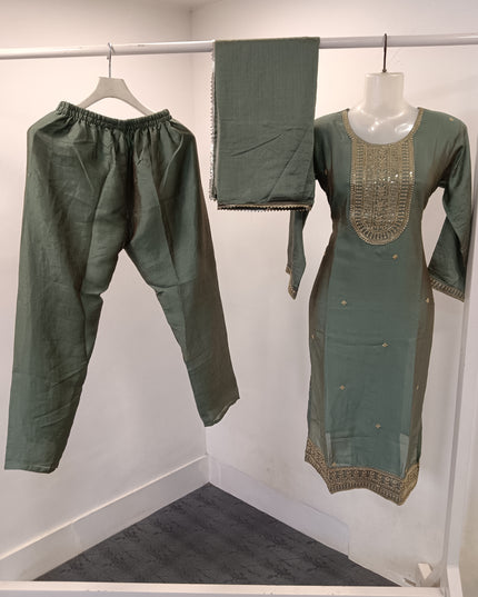 LADIES KURTI SET CODE-A291 Women’s Olive Green Embroidered Straight Kurta Pant & Dupatta Set | He And She