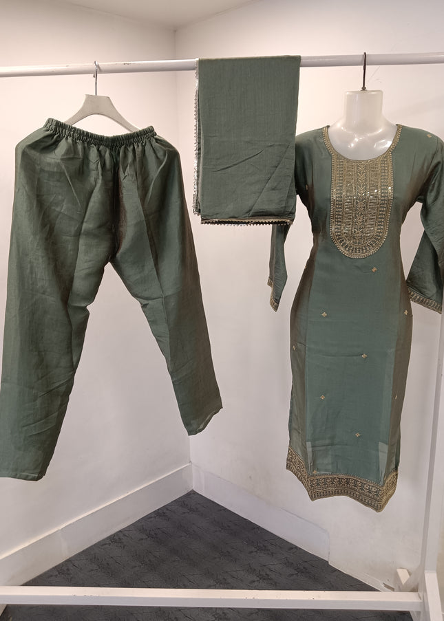 LADIES KURTI SET CODE-A291 Women’s Olive Green Embroidered Straight Kurta Pant & Dupatta Set | He And She