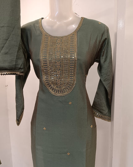 LADIES KURTI SET CODE-A291 Women’s Olive Green Embroidered Straight Kurta Pant & Dupatta Set | He And She