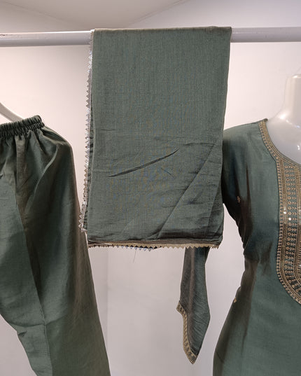 LADIES KURTI SET CODE-A291 Women’s Olive Green Embroidered Straight Kurta Pant & Dupatta Set | He And She