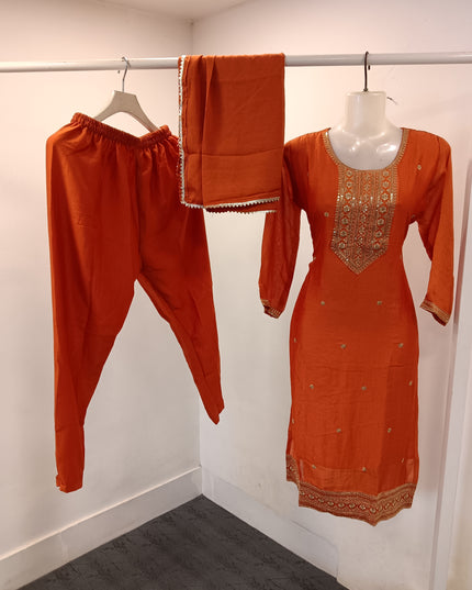 LADIES KURTI SET CODE-A292 Women’s Orange Embroidered Straight Kurta Pant Set with Dupatta