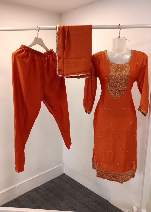 LADIES KURTI SET CODE-A292 Women’s Orange Embroidered Straight Kurta Pant Set with Dupatta