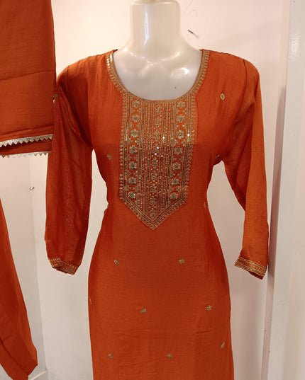 LADIES KURTI SET CODE-A292 Women’s Orange Embroidered Straight Kurta Pant Set with Dupatta