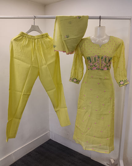 LADIES KURTI SET CODE-A280 Lime Green Floral Embroidered Kurta Pant Dupatta Set for Women