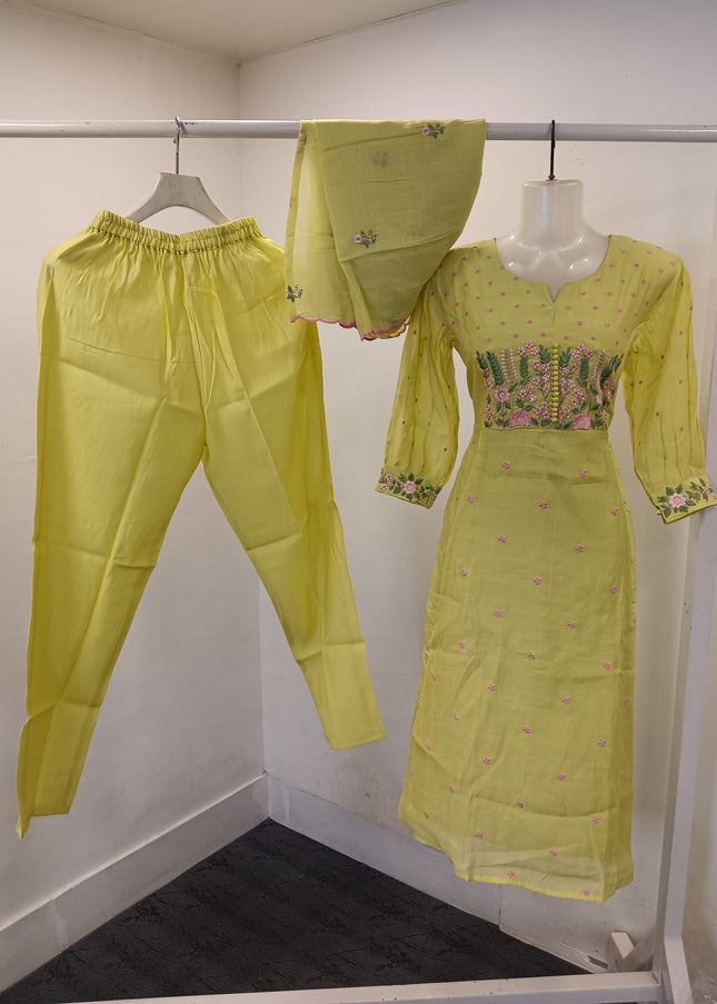 LADIES KURTI SET CODE-A280 Lime Green Floral Embroidered Kurta Pant Dupatta Set for Women