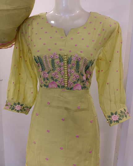 LADIES KURTI SET CODE-A280 Lime Green Floral Embroidered Kurta Pant Dupatta Set for Women