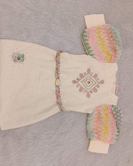 GIRLS MIDI CODE-A270 Girls Cream Embroidered Party Wear Dress with Multicolor Puff Sleeves
