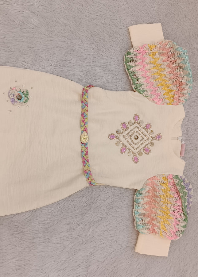 GIRLS MIDI CODE-A270 Girls Cream Embroidered Party Wear Dress with Multicolor Puff Sleeves