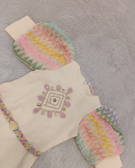 GIRLS MIDI CODE-A270 Girls Cream Embroidered Party Wear Dress with Multicolor Puff Sleeves