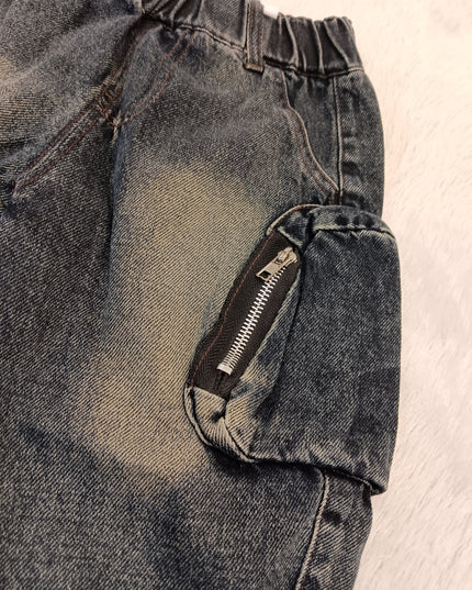 BOYS JEANS CODE-A304 Boys Black Denim Cargo Jeans with Zipper Pockets | Stylish Casual Jeans for Kids