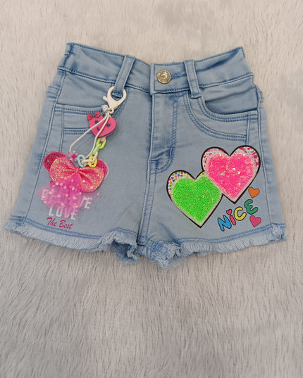 GIRLS SHORT CODE-A308 Girls' Heart Patch Embellished Denim Shorts with Decorative Charm